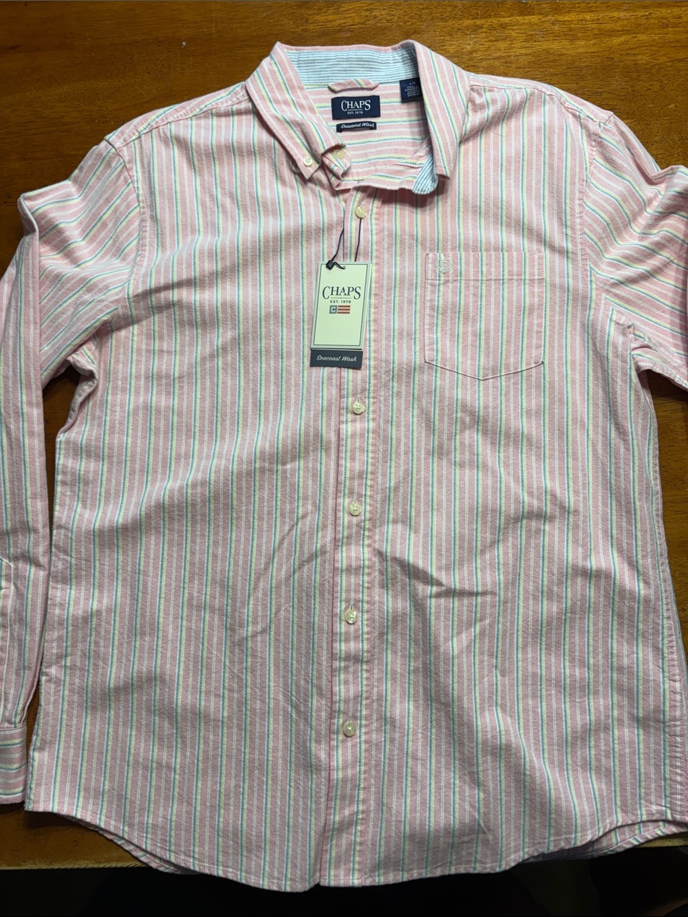 Chaps Men's Pink and Green Striped Button-Down Shirt